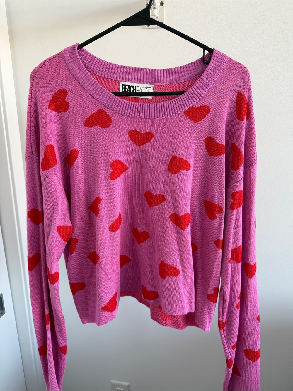 Beach Riot Pink Heart-Print Crewneck Sweater M